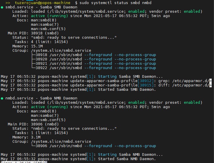 systemctl status to check samba
